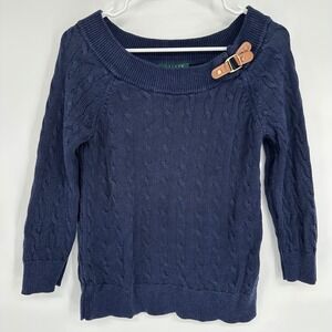 Ralph Lauren Navy Blue Cable Knit Boat Neck Sweater Womens M Leather Buckle